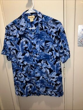 Panama Jack Blue and Navy Vintage Car Tropical Camp Shirt Small